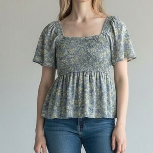 CATO Floral Blouse Small Blue Yellow Floral Cottagecore Stretch Pullover Top